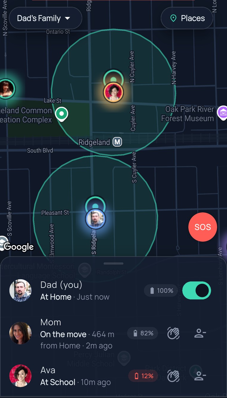 FamilySeen map focused on Ava’s photo inside the School circle on Lake Street — the last place her phone was seen