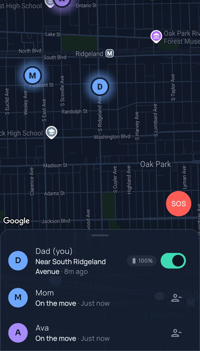 The whole circle on one FamilySeen map — Dad and Mom’s pins in Oak Park, Dad, Mom and Ava in the list below