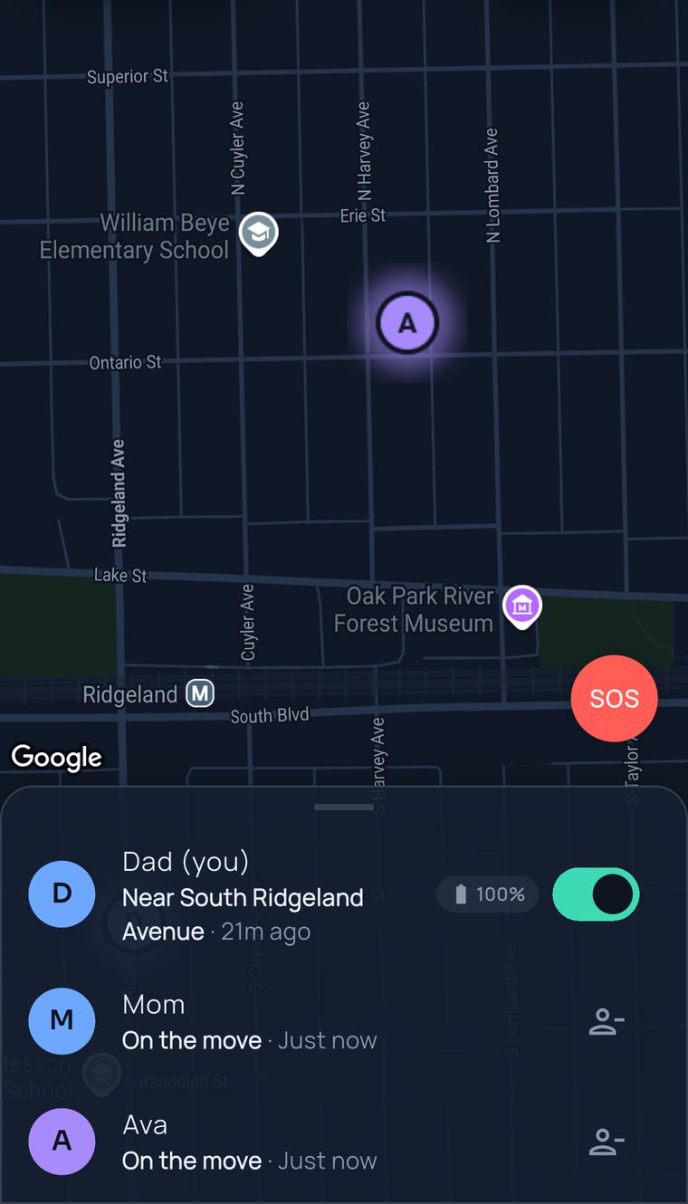 The FamilySeen map the moment Ava checks in: her pin near Oak Park, Dad and Mom in the list below
