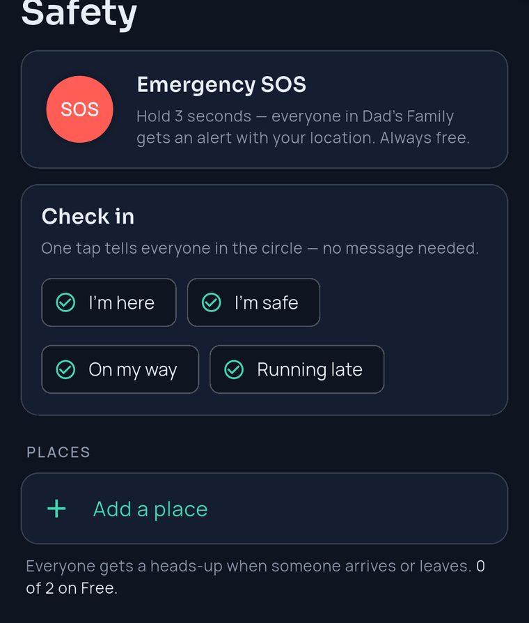 FamilySeen Safety tab — Emergency SOS, then Check in with four taps: I’m here, I’m safe, On my way, Running late