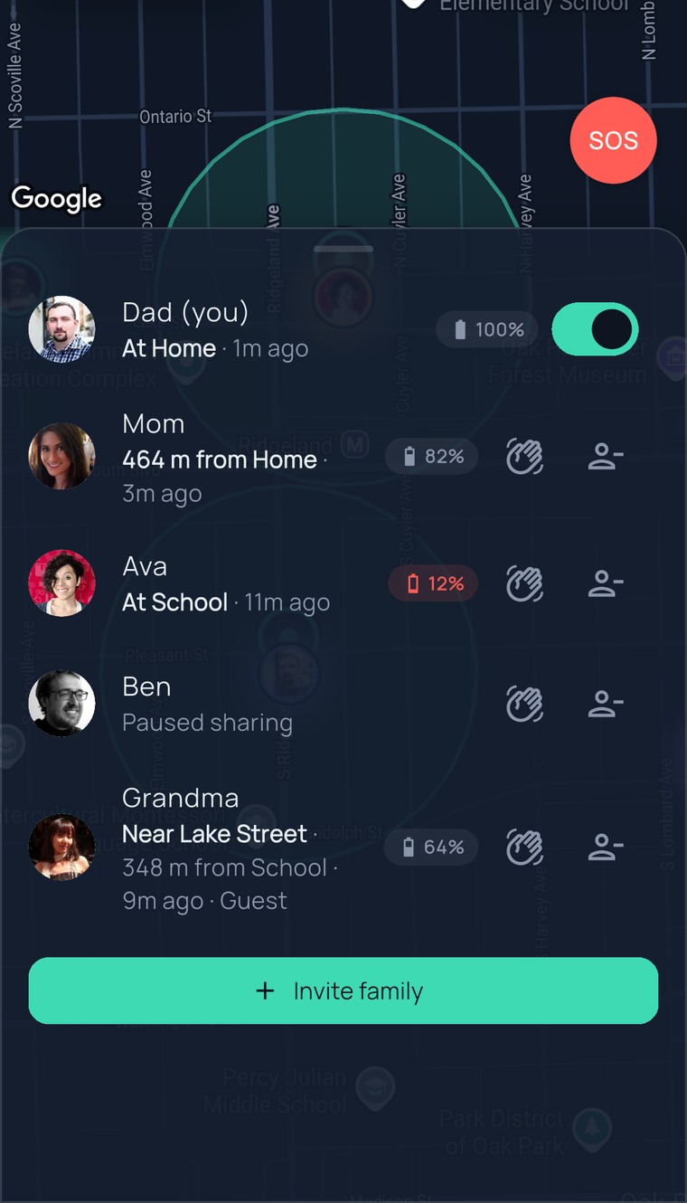 L’elenco della famiglia in FamilySeen — Papà a Casa, Mamma a 464 m da Casa, Ava a Scuola con il 12% di batteria, Ben «Condivisione in pausa», Nonna vicino a Lake Street e il pulsante Invita la famiglia
