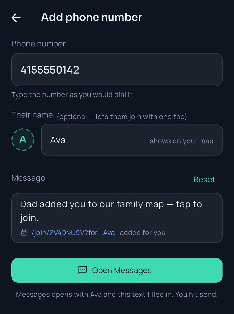 FamilySeen — Add phone number: 415 555 0142, name Ava, the invite text ready to send from Messages