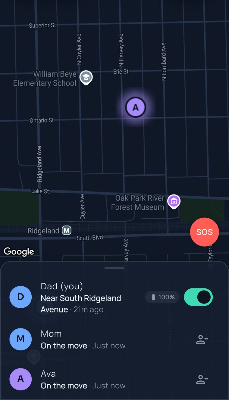 The FamilySeen map right after Ava joined from a text: her pin near William Beye Elementary, Dad and Mom in the list below