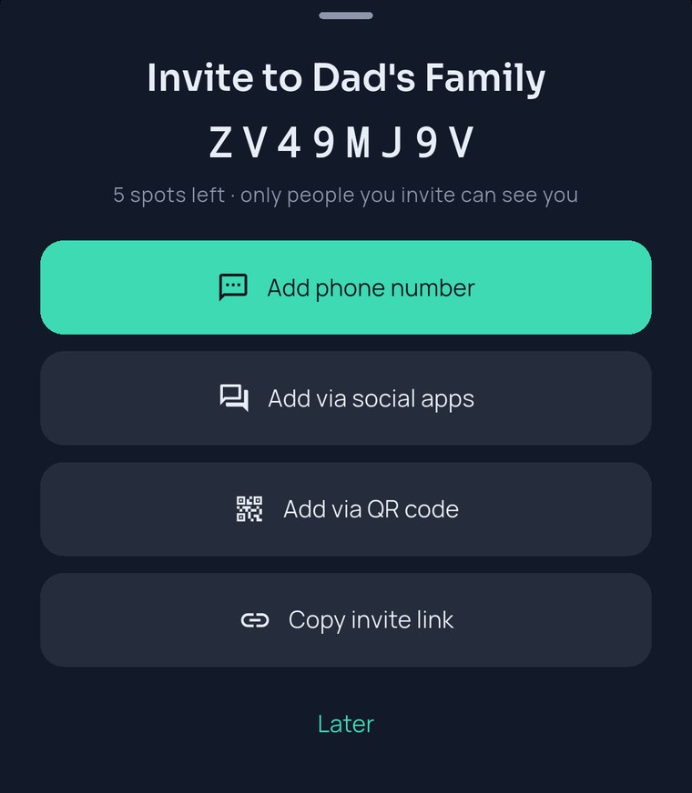 FamilySeen invite sheet — Add phone number, Add via social apps, Add via QR code, Copy invite link