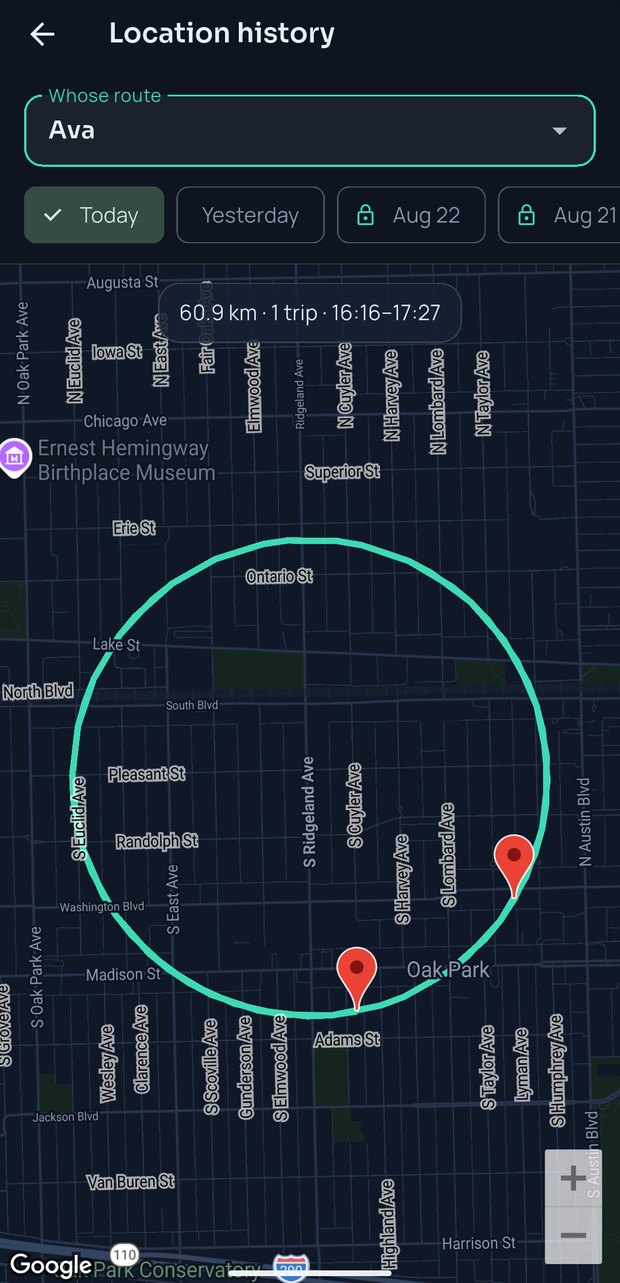 FamilySeen location history — a day’s route with distance, trips and time at places