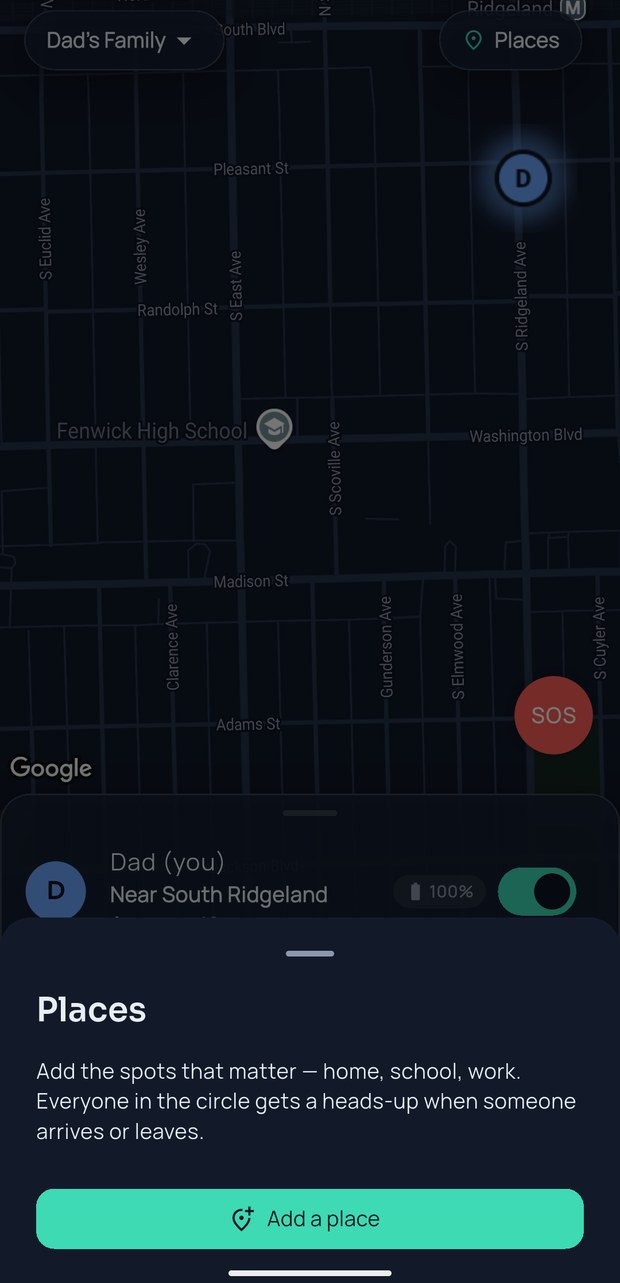 Saved places and arrival alerts on the FamilySeen map, with the free SOS button